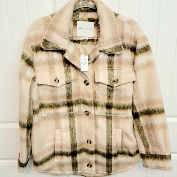 American Eagle Size Small Brushed Plaid Oversized Shacket Jacket Cream NWT $90 - Picture 4 of 16